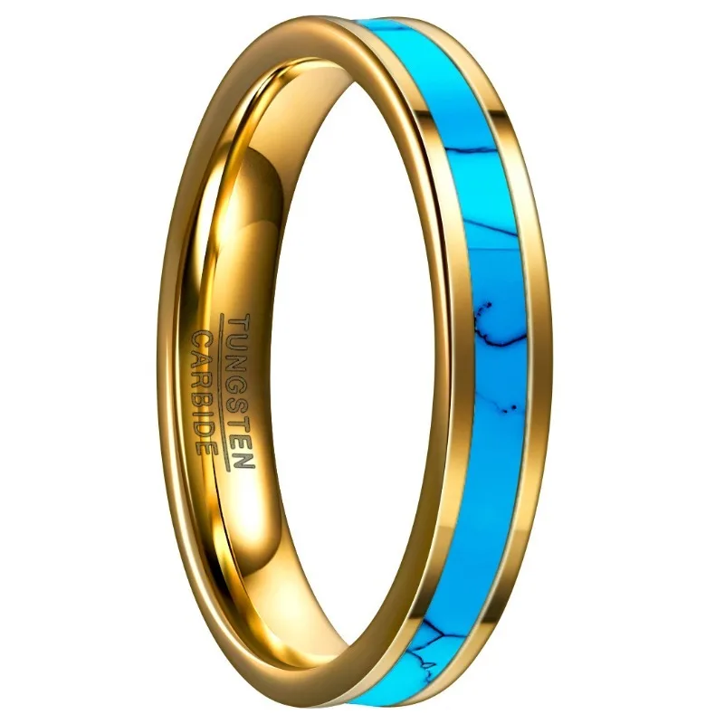 Somen-Bague en Tungstène Turquoise Plaqué Or pour Homme et Femme, Alliance, Pierre Incrustée, Bague de Couple, Bijoux de Travailleurs, 4mm