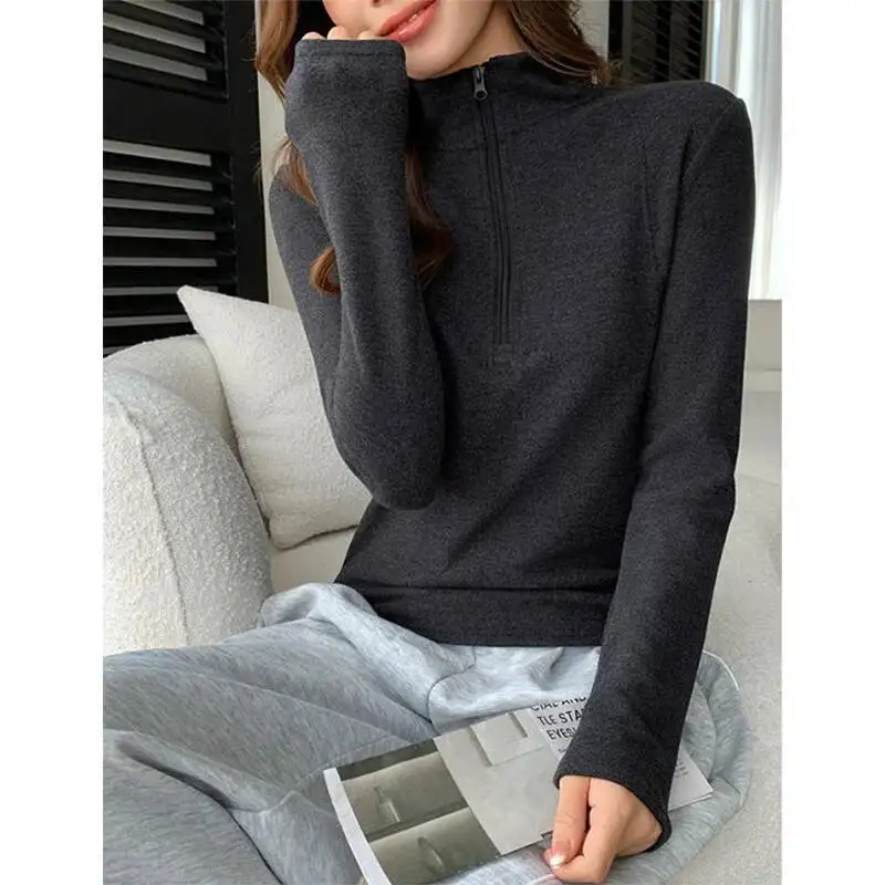 

Текстура, матовая половина молнии, женская осенне-зимняя толстовка с воротником-стойкой, корейский повседневный свободный крой, спортивный пуловер, топы