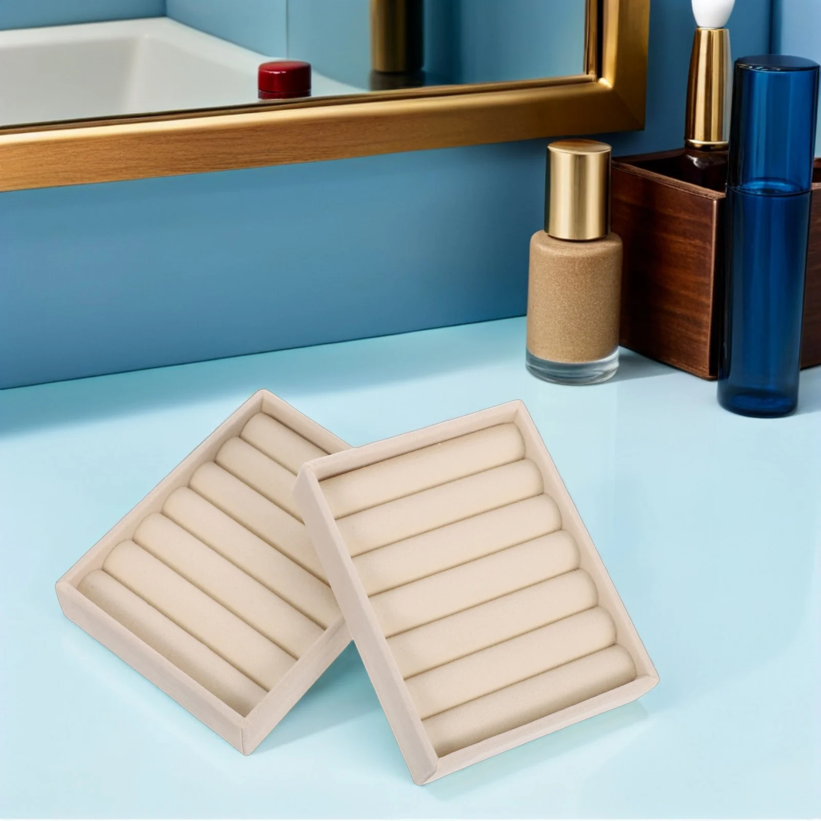 

2 Pcs Ring Storage Box Jewellery Display Tray Beige Flannel Jewelry Organizer for Rings