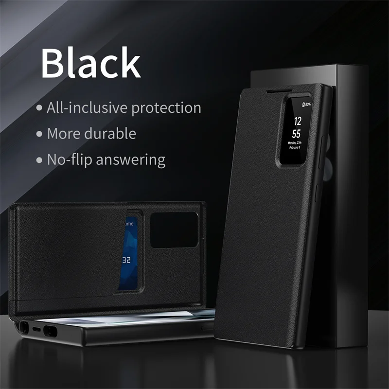 High-end Smart Display Window PU Cover For Samsung S26 S25/24/23/22 Ultra Plus FE Edge A57/37/17/56 Flip-Free Answer Calls Case