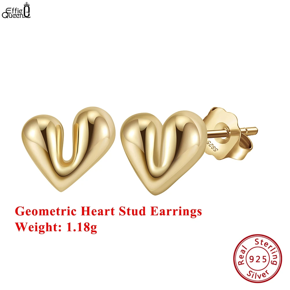 

Серьги-гвоздики в форме сердца Effie Queen ручной работы из 14-каратного золота 925 пробы, минималистичный дизайн, модный предмет, подарок на день рождения APE70