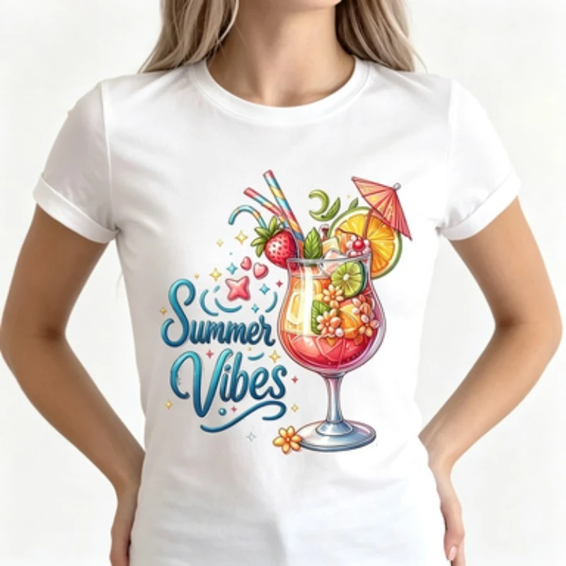 Female Slim‑fit Round‑neck Tee Cute Summer Fruit Beverage Decor Letter Pattern Beach‑style Casual Short Sleeve Tops