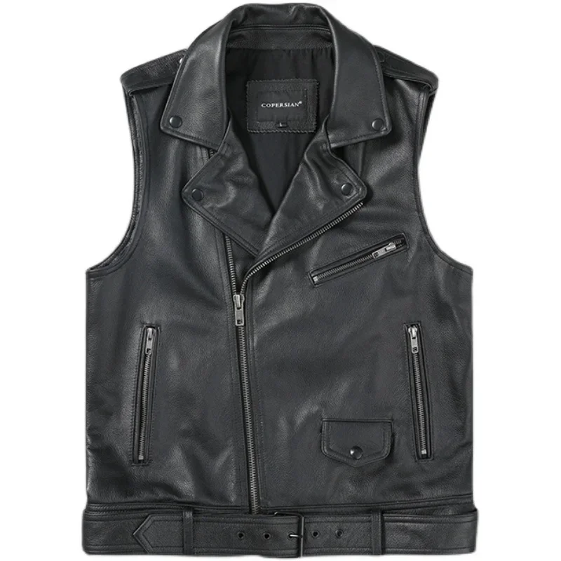 Black Cow Leather Biker Vest With Belt Moto Biker Men Genuine Leather Vest Motorcycle Waistcoat Men Leather Jacket Sleeveless