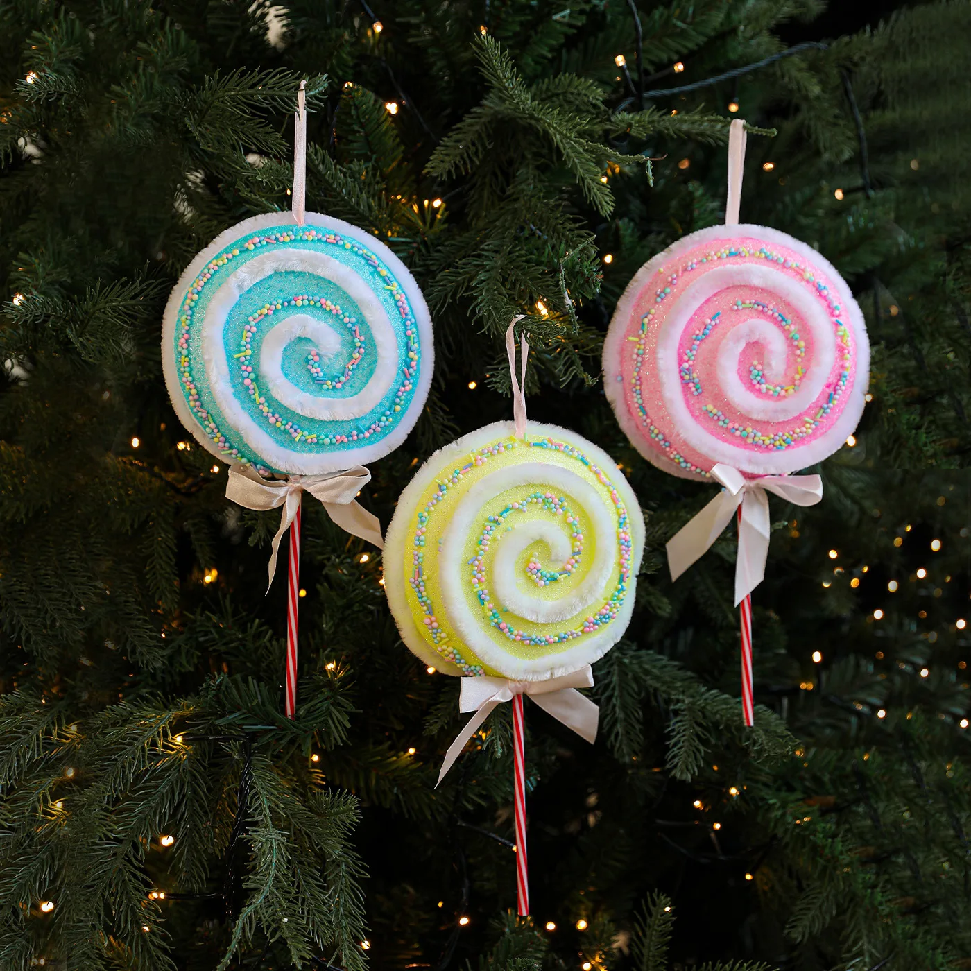 

Colorful Christmas Macaron Lollipop Foam Cartoon Christmas Lollipop Pendant Bow Hanging Xmas Tree Decor Christmas Party
