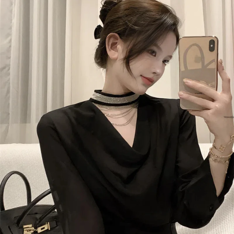 Sexy V-neck Black Long Sleeve Shirt for Women New Spring Autumn Hollow Out Loose Temperament Blouse Elegant Fashion Clothing