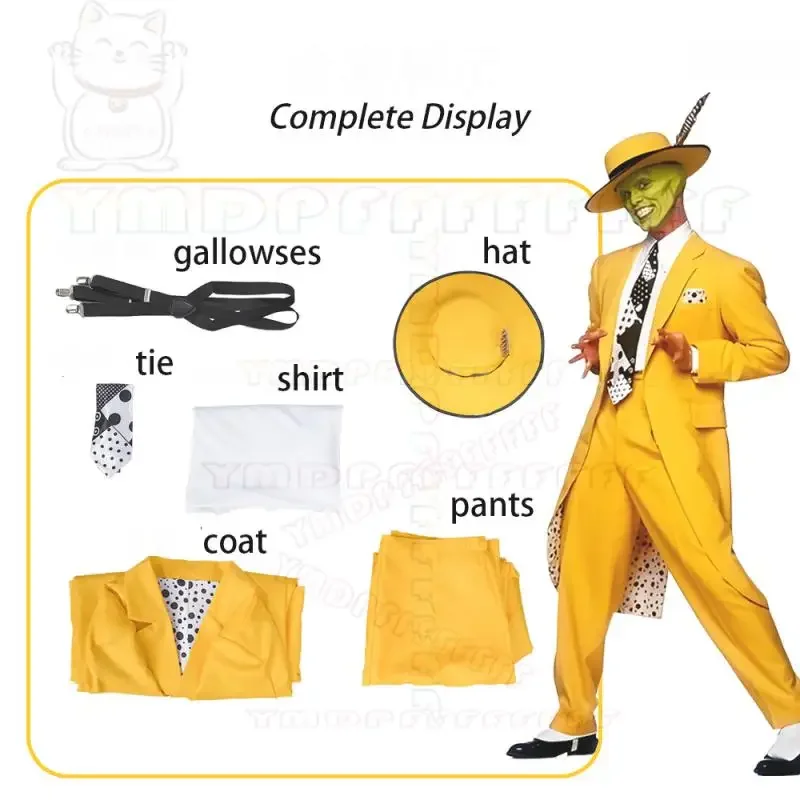 Anime JimCarry máscara hombre traje largo amarillo conjunto de Cosplay cara verde hombre disfraz de Halloween nuevo