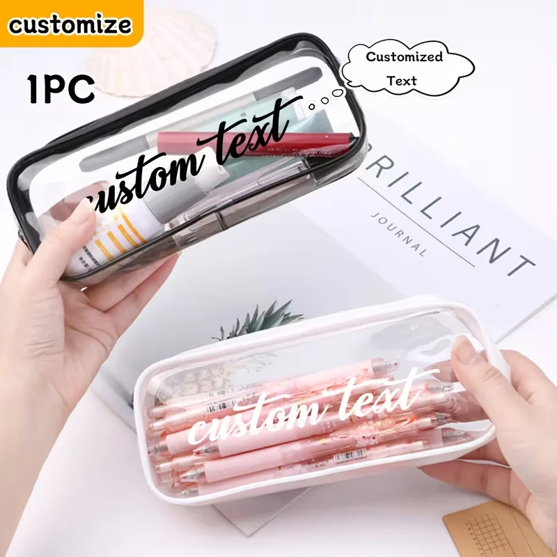 1Pc Personalized Custom Logo Text Name Transparent Pvc Pencil Case with Zipper - Large Capacity Portable Storage Box for Cosmetics and Stationery, Customizable Text Design, Durable Travel Storage Bag, Suitable for School, Office, Makeup Essentials, Pencil Case Bag, School Supplies, Minimalist Design, Zipper Closure