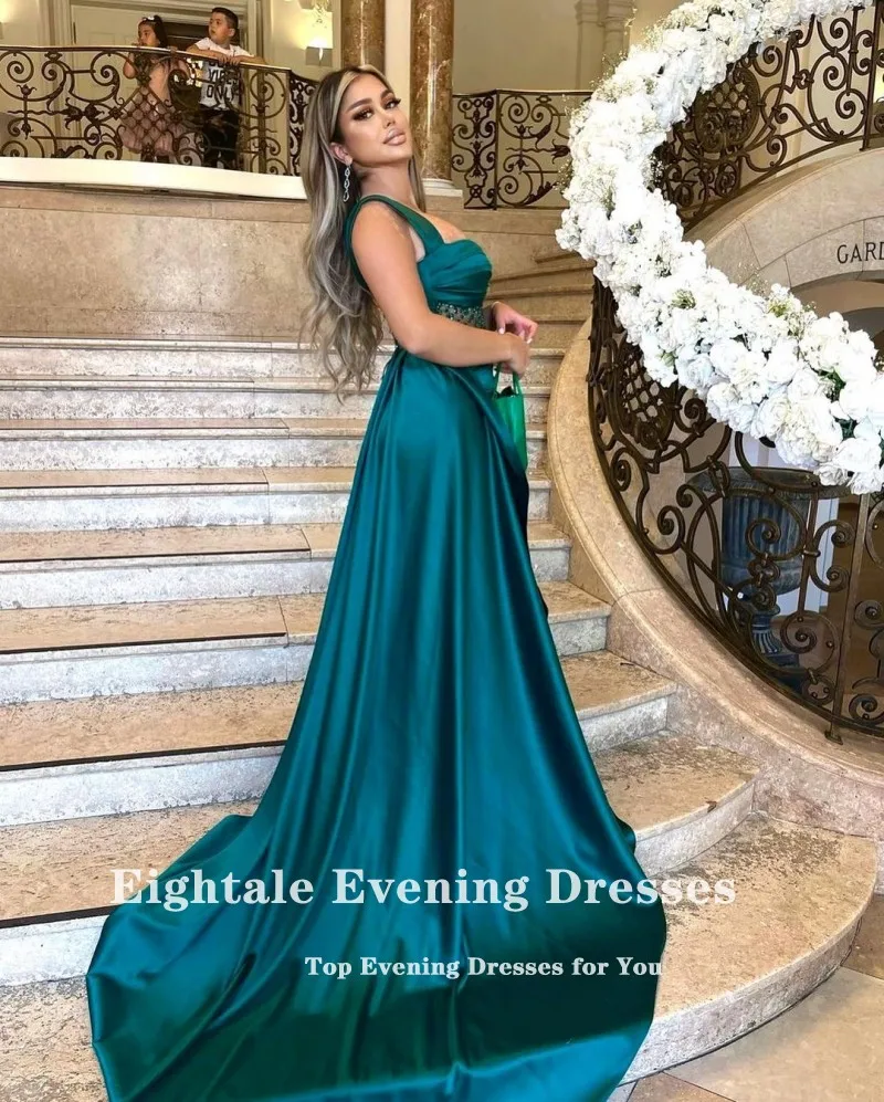 Eightale Green Sexy Evening Dress Spaghetti Strap Satin Arabic Mermaid Celebrity Formal Dubai Prom Gowns for Wedding Party