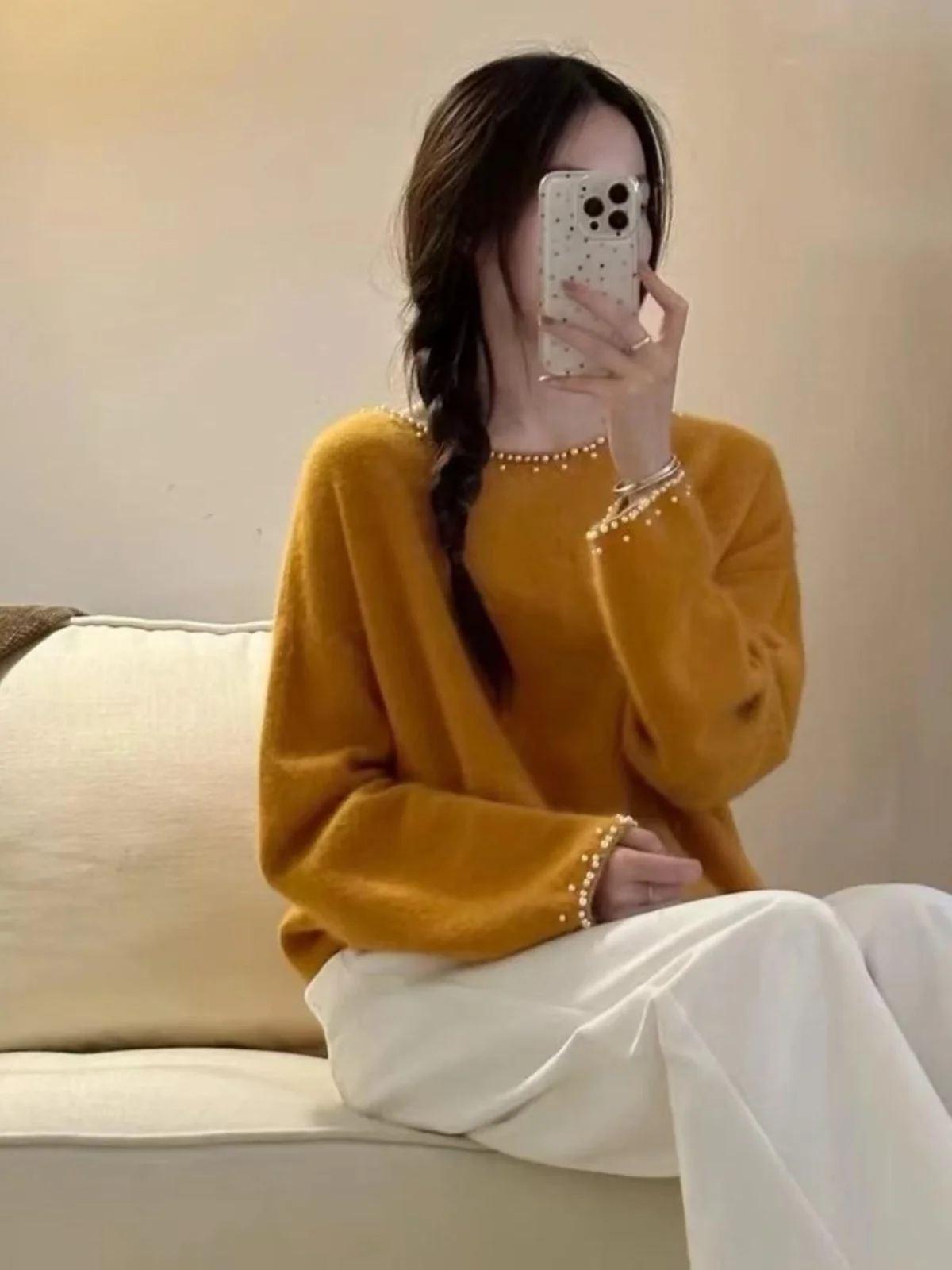 Coréen Sle rond Ne tricoté Base irt lourd embellissement couleur aérienne pull automne hiver nouveauté coupe ample