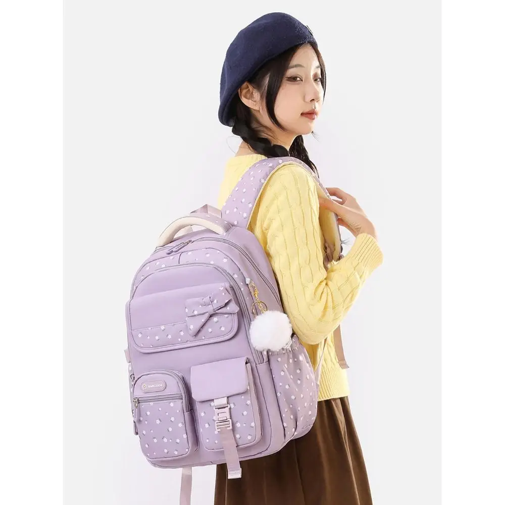 Sturdy Multicolor Bowknot Backpack Lightweight Large Capacity School Bag Multi Pockets Ball Pendnat Shoulder Bag Student