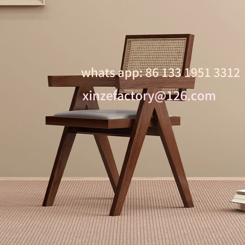 Customizable Solid Wood Dining Chair Home Medieval Chandigarh Chair Wabi Sabi Soft Bag Armrest Back Casual Rattan
