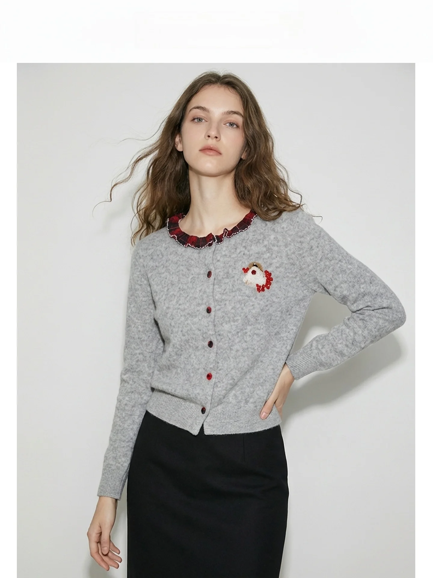 

Ретро-кардиган женский вязаный 2026 из мягкой верблюжьей шерсти, твидовый, с воротником-стойкой, красный в клетку, весна-осень