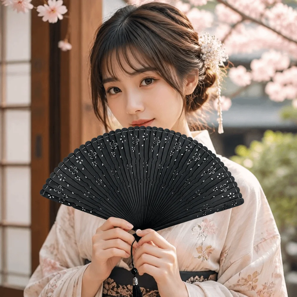 Sakura Folding Bamboo Fan Portable Exquisite Elegant Handheld Fans Classical with Tassel Women's