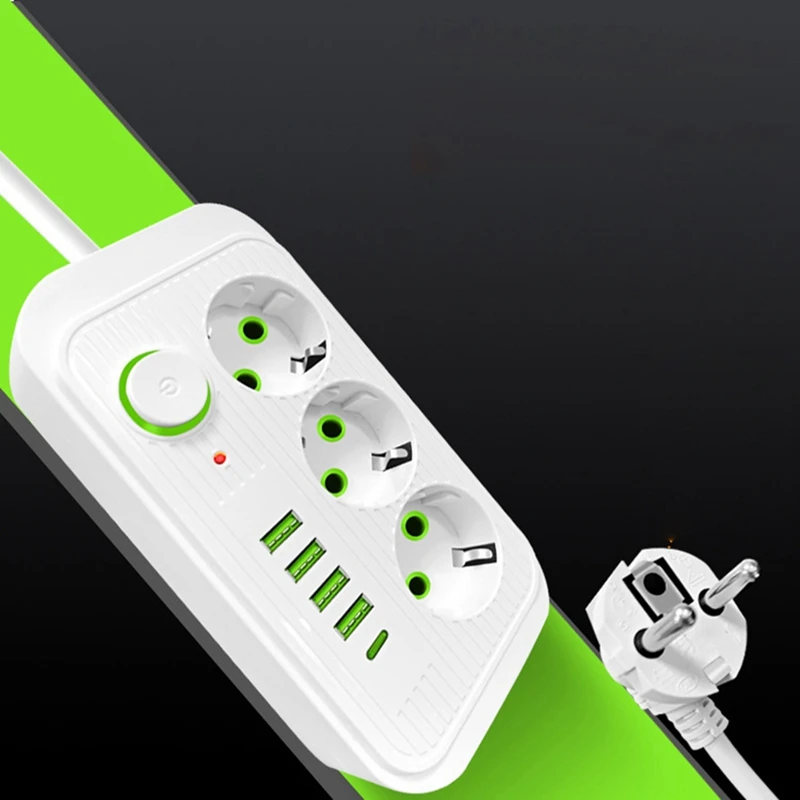 Cabo de extensão de soquete padrão com plugue UE, tira de energia com USB, tipo C, carregamento rápido, adaptador de rede, 2m