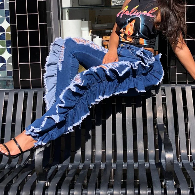 

Ruffled Ruched Ripped Denim High Wait Stacked Pants Autumn 2023 Women Trouser Streetwear Jeans Fashion Skinny Pockets Trousers