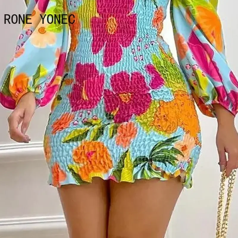 Women Dress 2023 Casual Tropical Print Puff Sleeve Shirred Dress A Line Dress