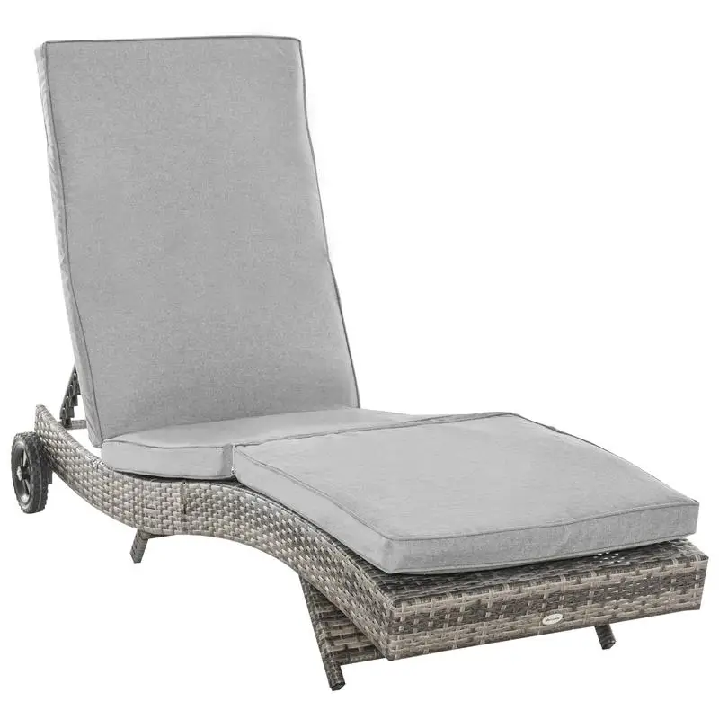 Chaise Lounge para exterior con respaldo ajustable, tumbona de piscina acolchada de ratán con ruedas para una fácil movilidad, mimbre gris mixto