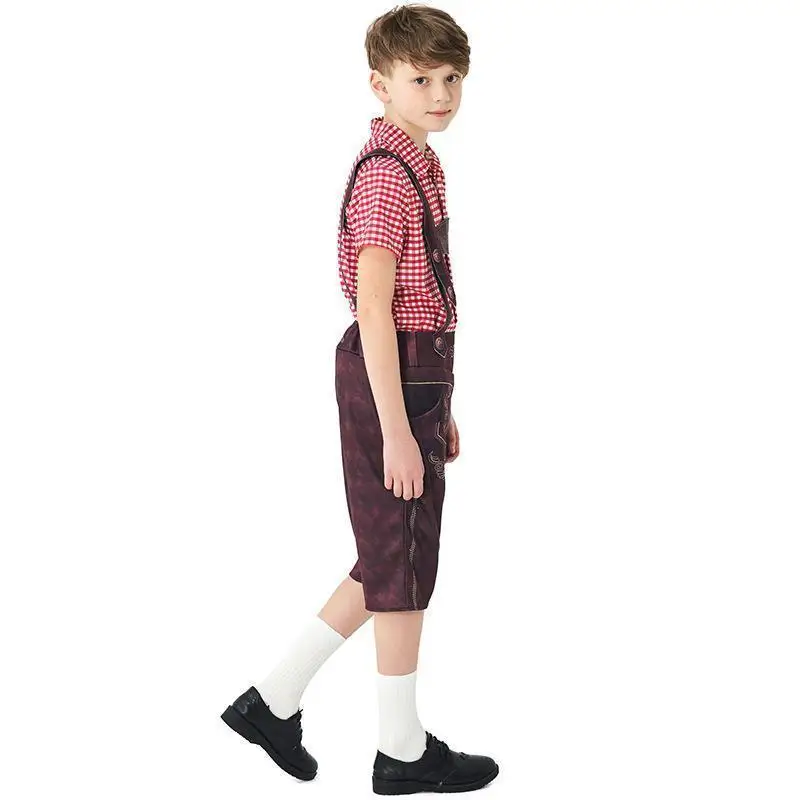 Salopette de bière à carreaux couleur t-shirt, Costume d'halloween pour enfants, Costume de scène pour garçons, vêtements à thème de bière, tenue de faion pour enfants