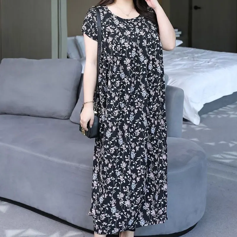 Vintage Broken Flowers Printed Long Dress Female Clothing Fashion Spliced Summer Casual Loose Straight All-match O-Neck Dresses