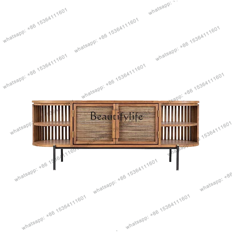 X4 Solid Wood Old Teak TV Stand Small Apartment Living Room Hand-Woven Palm Leaf