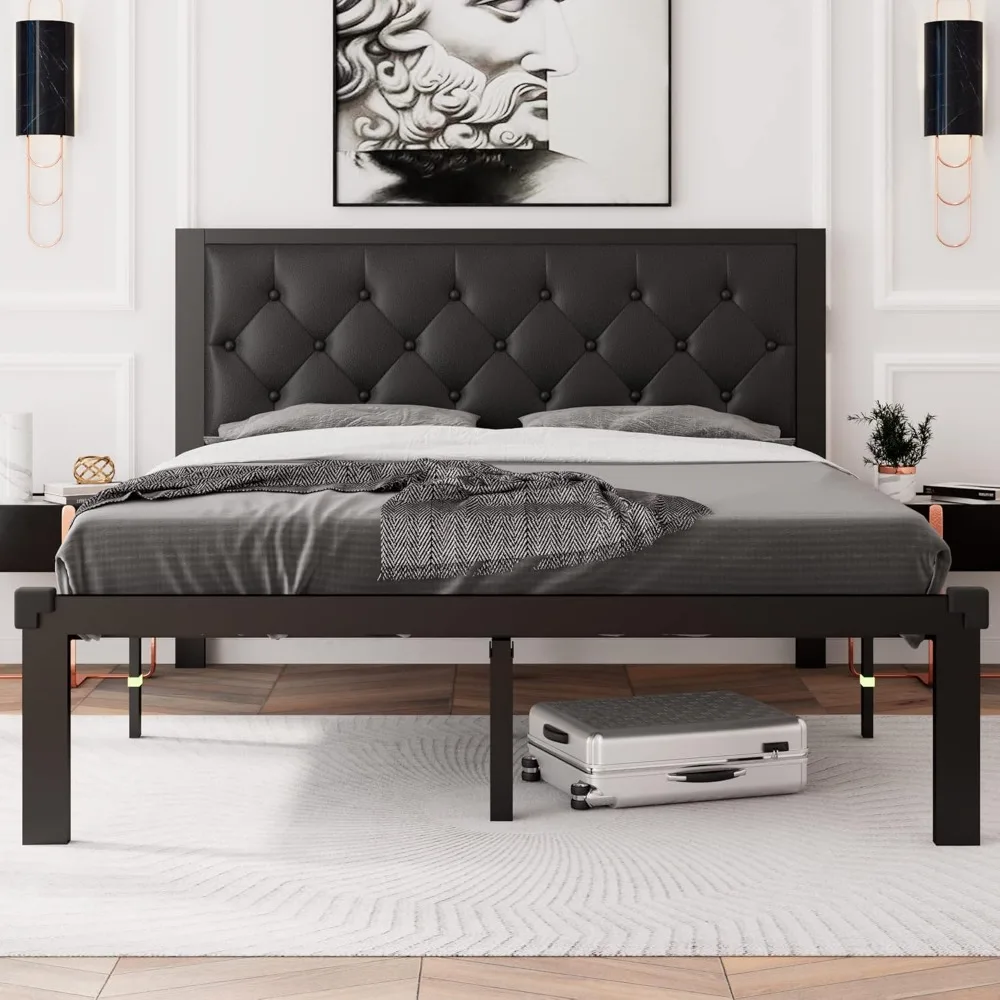 

Queen Size Metal Bed Frame with Faux Leather Button Tufted Headboard, Heavy-Duty Platform Bed Frame with 12 Storage, Ste