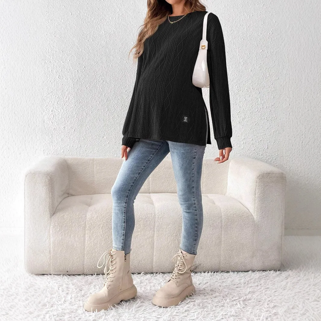 Maternity Clothes Round Neck Long Sleeve Monochrome T-shirt Daily Casual Elegant Temperament Comfort Maternity Clothing Women