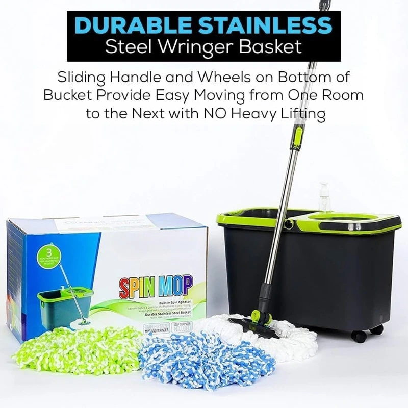 Spin Mop Cleaning Bucket Set with 3 Microfiber Mop Heads Included