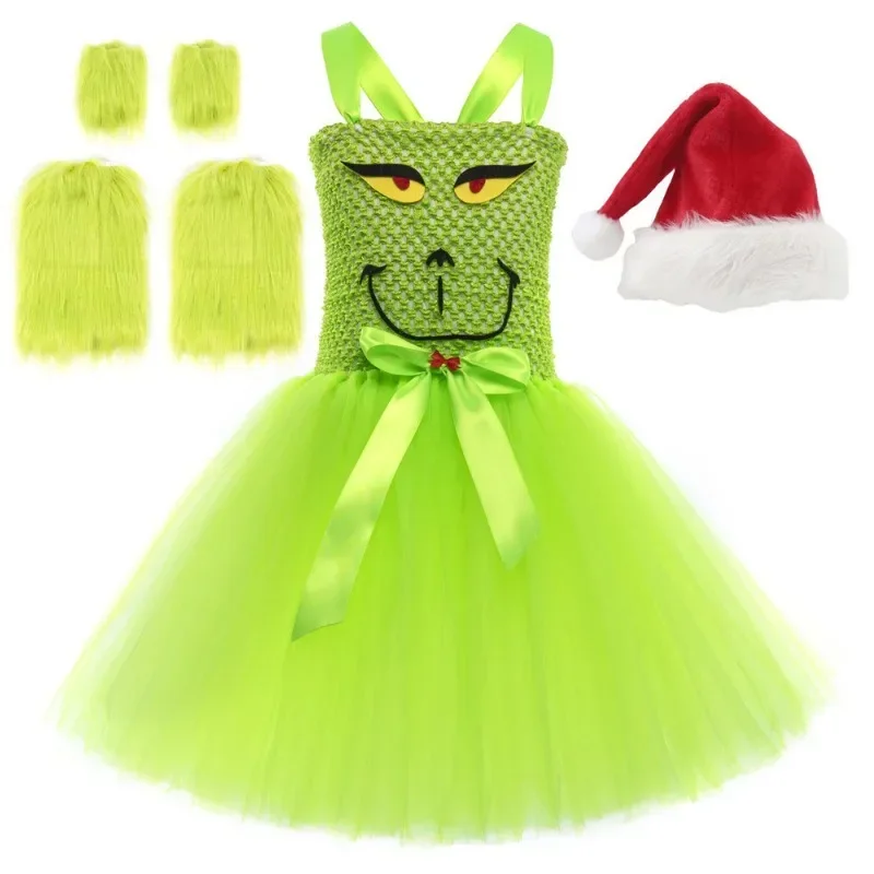 Vestido de Navidad HN8, falda para niñas europeas y americanas, disfraz de fotografía cos Grinch, falda tutú de monstruo de pelo verde, baile gripe) 4Dc