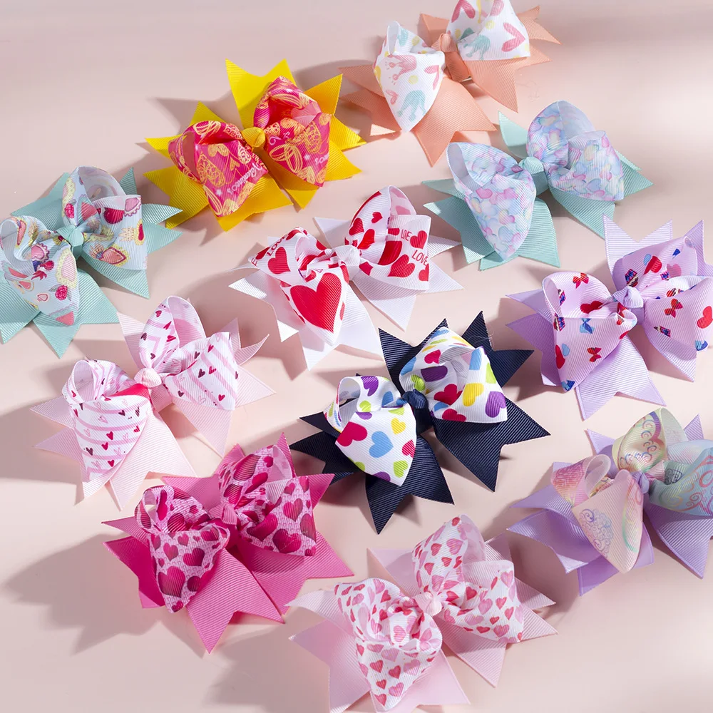 Double Layer Grosgrain Ribbon Bowknot Baby Girls Hair Clips Fashion Heart-shaped Pattern Bows Infant Hairpin Cute Print Headwear