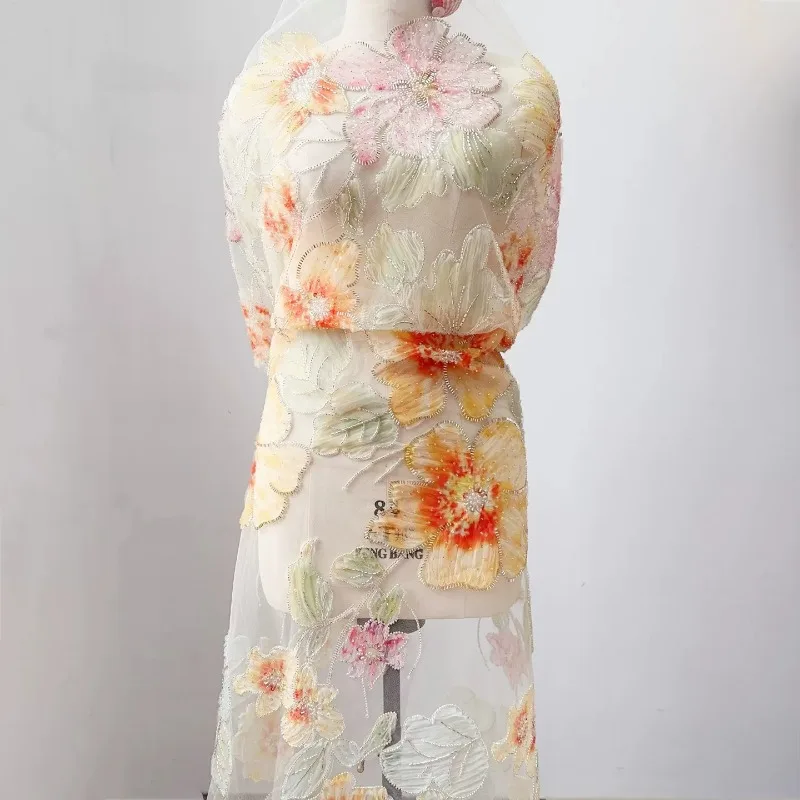 Warm Flowing Light Floral Tie Dye Mesh Fabric Soft Skin Friendly Hanfu Dress Material Dunhuang Colors