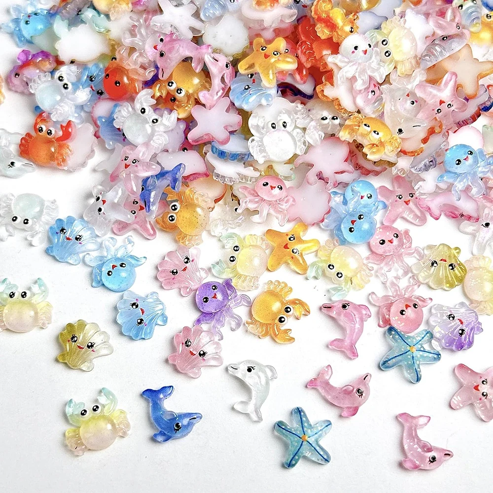 50 Stück Meerestier-Nagelsteine, Ozean-Mini-Harz-Nagelkunst-Charms, winzige Muscheln, Oktopus, Seesterne, Krabben, 3D bunte Nagelzubehörteile V