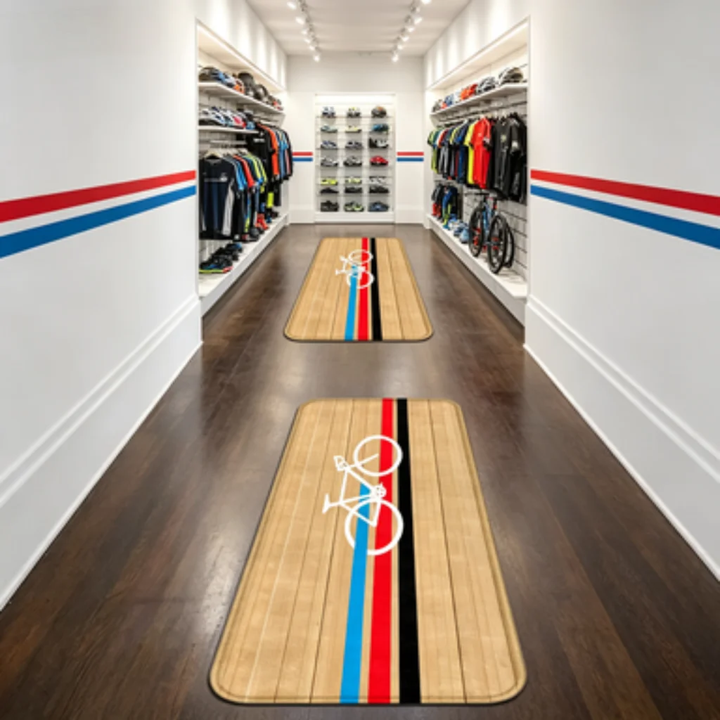 Bike Life Print Mat, Cyclist Door Mat, Bike Hub Line Mat, Wood Grain Colorful Bike Mat, Black White Bike Silhouette Rug.