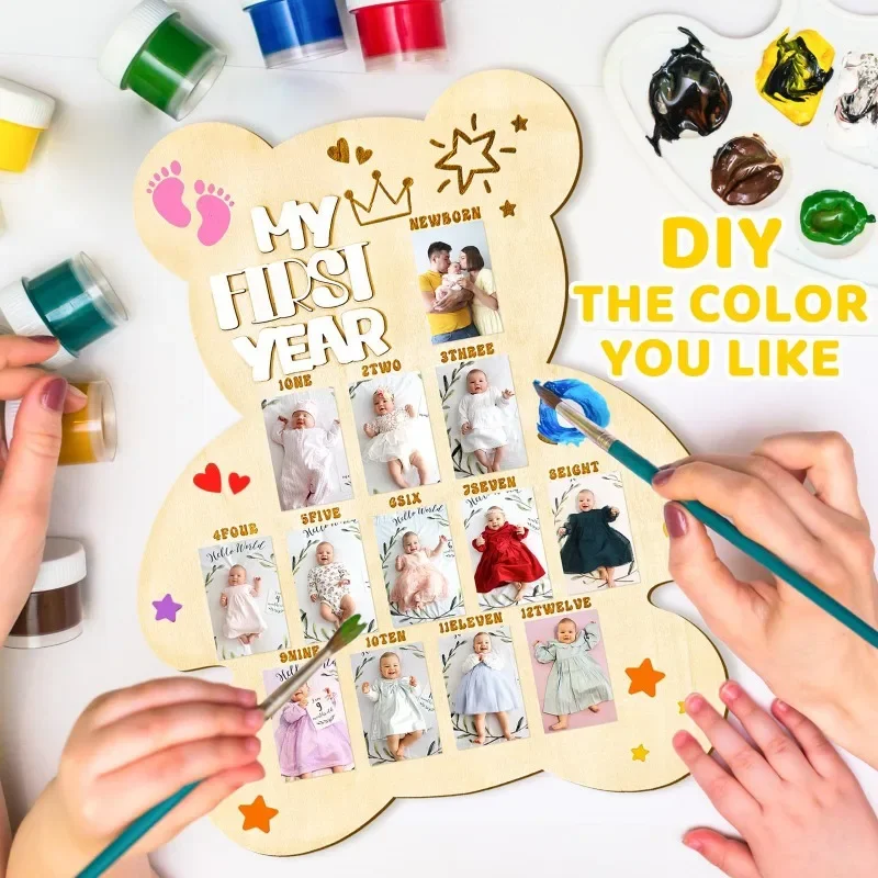 Wooden Baby Milestone Photo Album for Newborn’s First Year Memory Celebrate the Growth of Your Baby