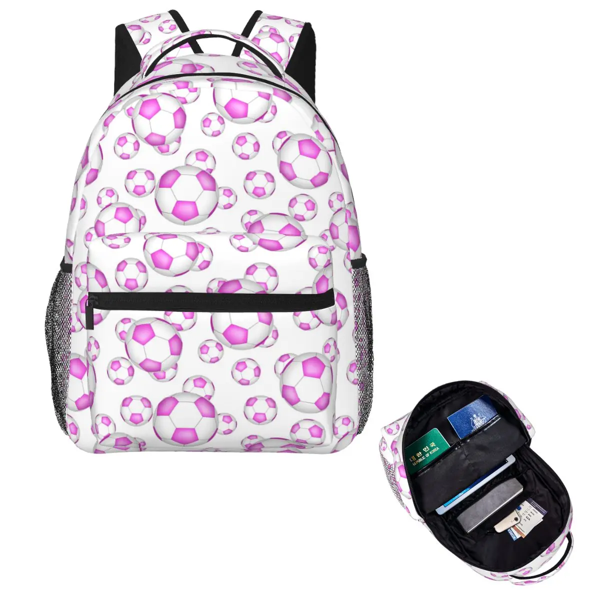 

Pink And White Soccer Balls Backpack Hot Sale Daypack Large Capacity Kids BookBag School Bag Shoulder Bags for Men Women