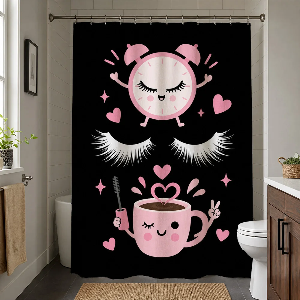 Cute Kawaii Makeup Vanity Bathroom Shower Curtain Pink Clock Eyelashes Coffee Mug Novelty Decor