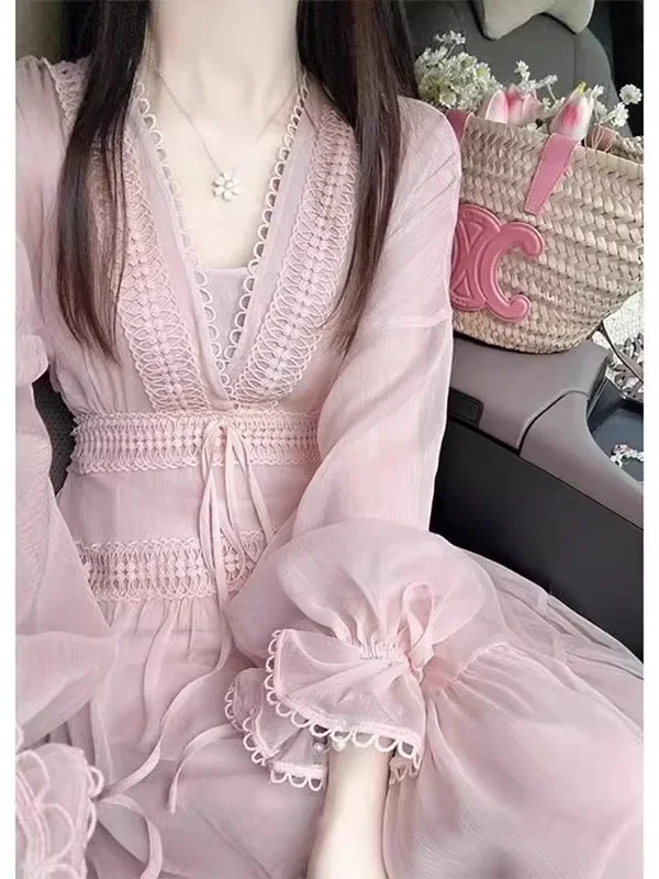 

Элегантное повседневное модное женское шифоновое платье трапециевидной формы с высокой талией и длинными рукавами, лето 2025 г.