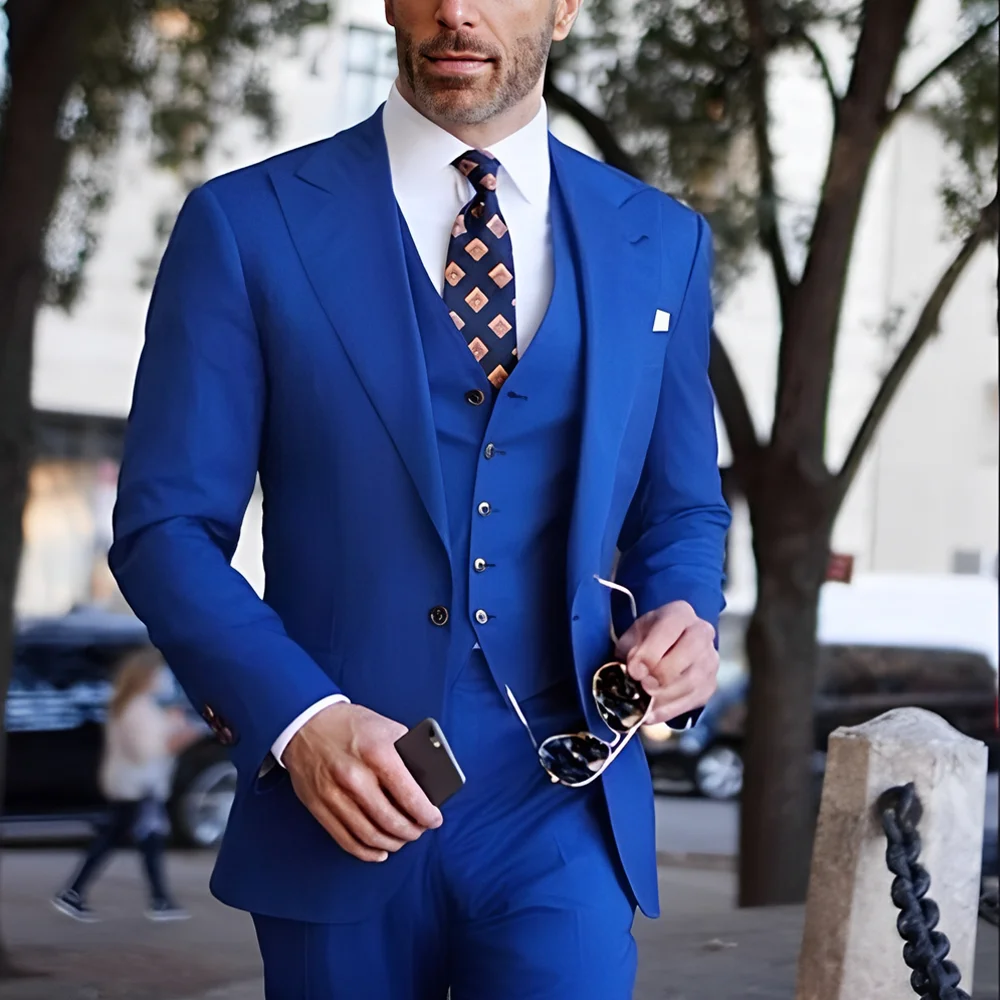 

Royal Blue Formal Men's Suit 3 Piece Set Slim Fit Jacket Pants Vest Wedding Groom Tailor-Made Tuxedo Blazer XS-5XL