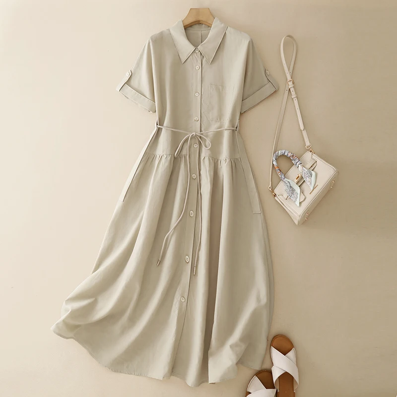 Slimming Effect Summer New Women's Loose Casual  Color Shirt Long Dress Drawstring Waist Design Commute Style Short Sleeve