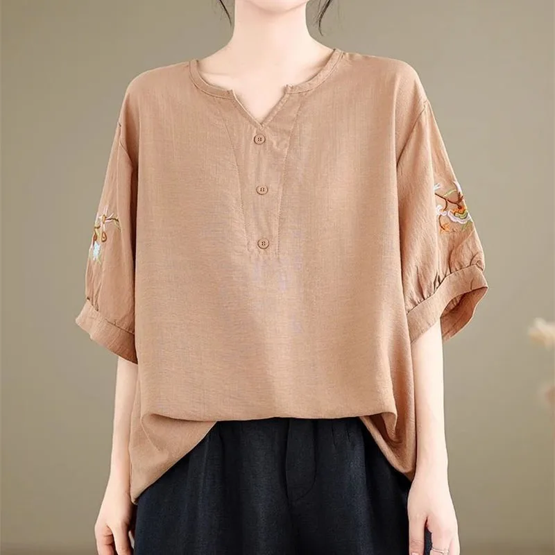 

Retro Women Large Size 6XL Loose Blouse Female Fashion V-neck Linen Cotton Shirt Coat Spring Summer Ladies Embroidery Thin Tops