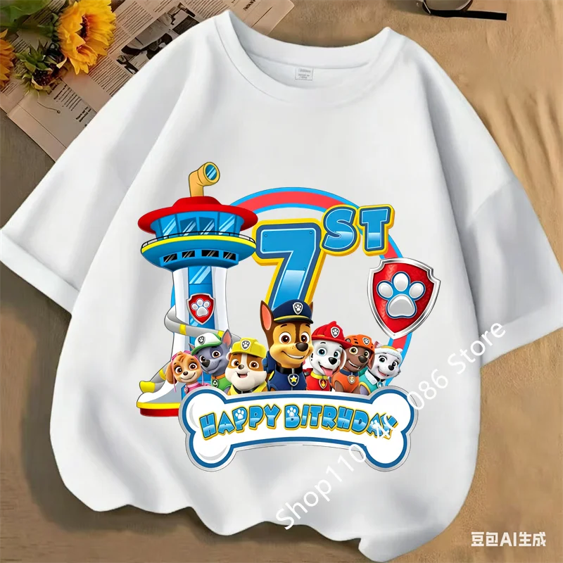 Paw Patrol white T-shirts for Boys Anime Cartoon Cute Birthday Clothing Children Summer Fashion Short Sleeved Shirt Kids Clothes