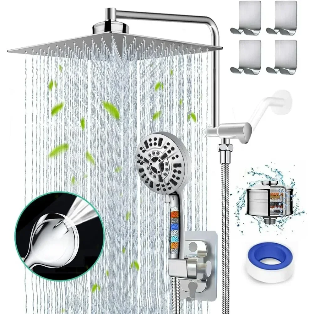 Rain Shower Head with Handheld Spray Combo, 10 Settings Built-in 2 Power Wash, Dual Filter for Hard Water Rainfall Showerhead