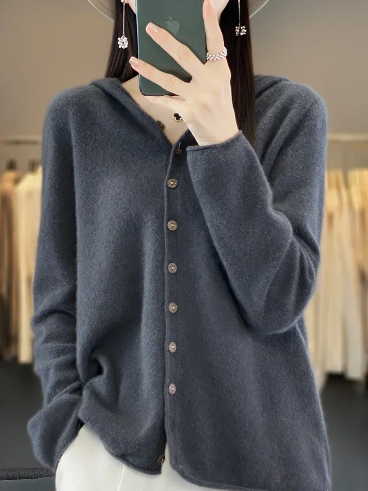 

Female 100% Merino Wool Sweater Women Cashmere Cardigan Knitwear Loose Hoodie Clothing Aliselect Spring Autumn Comfort Tops