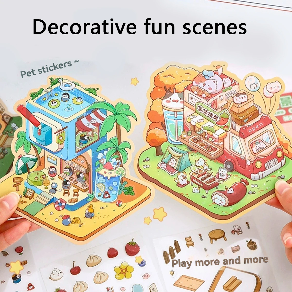 Cartoon 3D Miniature Scene Stickers PET Visual Stacking‑Pasting Stereo Decal DIY Collage Sticker for Hand Scrapbook Craft