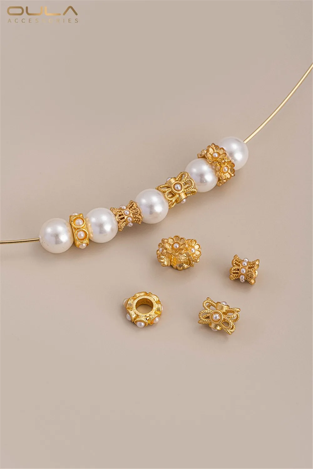 14K Gold-Color Plated Matte Gold Inlaid Imitation Pearl Flower Shaped Double-sided Flower Tray DIY Jewelry Accessories