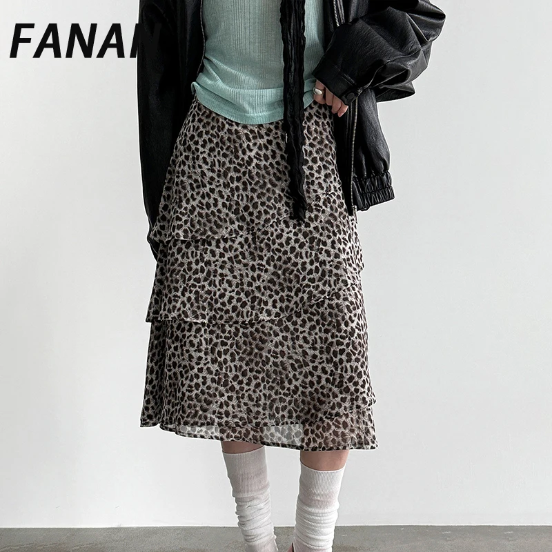 

Юбка женская FANAN с леопардовым принтом, с завышенной талией, летняя новинка 2026, многослойная, с оборками, А-силуэт, длинная