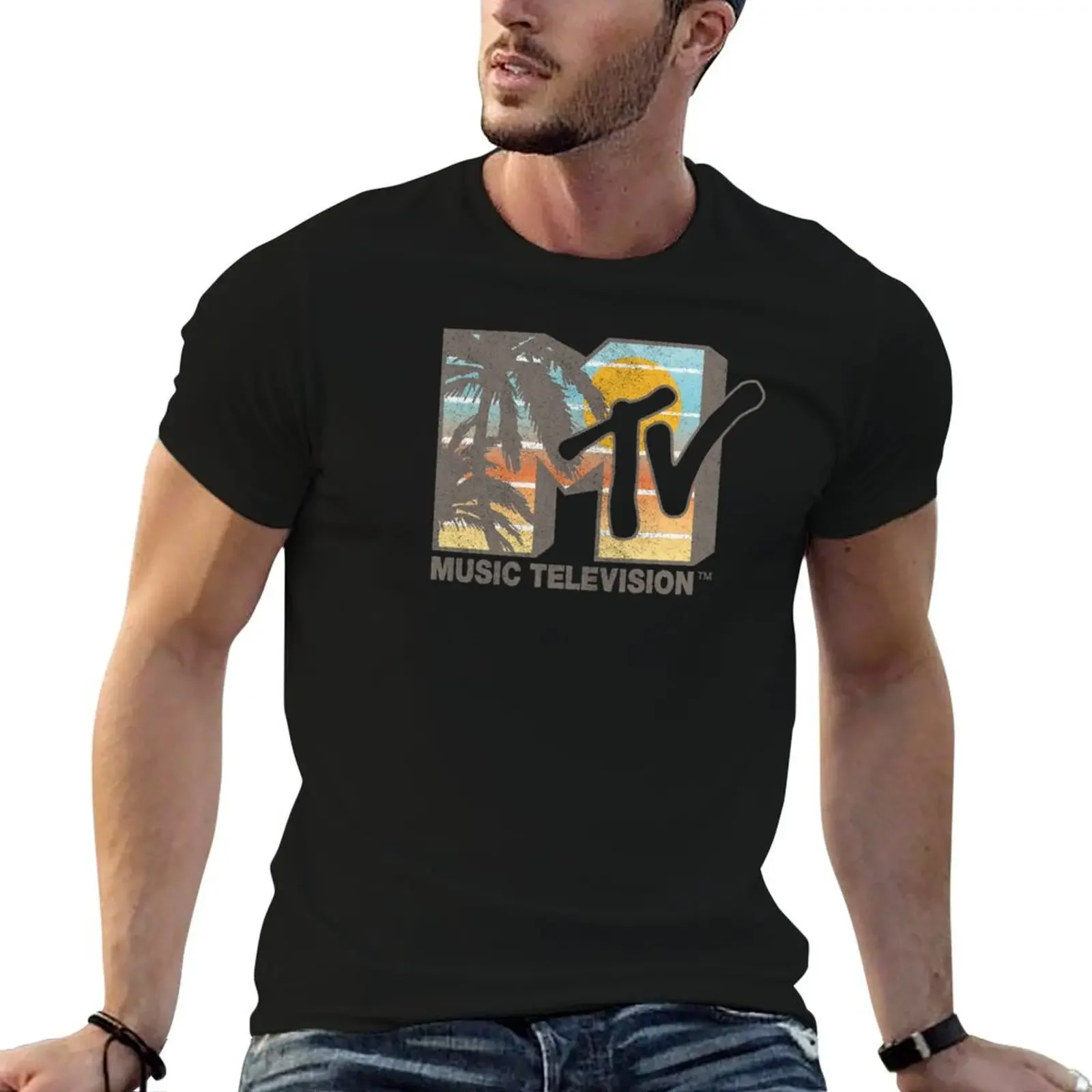 MTV Vintage Sunset & Palm Tree Distressed MTV Logo T-Shirt vintage new edition heavyweights mens fashion