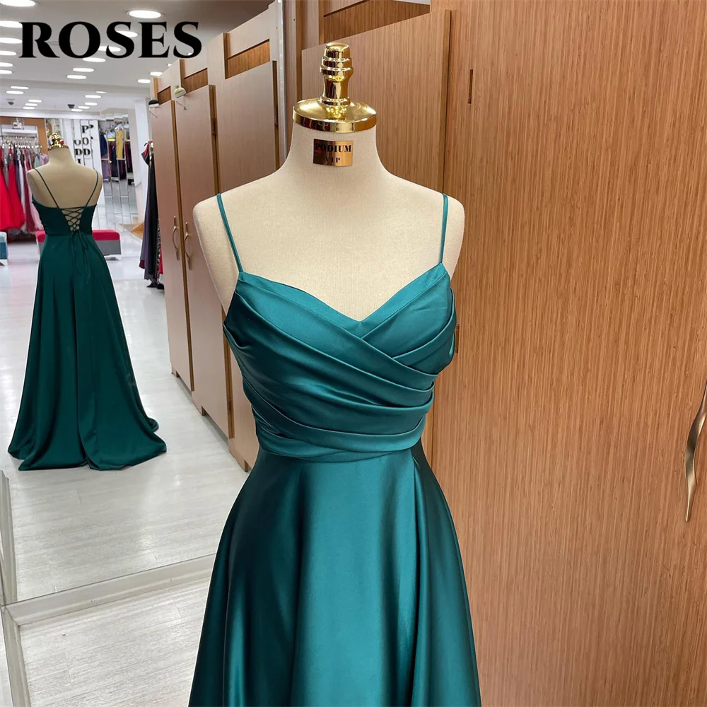 ROSES Drak Green A 라인 포멀 드레스, V 넥 플리트, 스파게티 스트랩, 특별 행사 가운