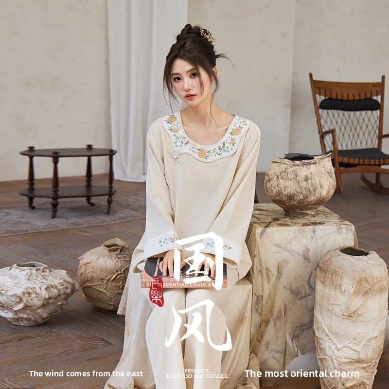 

2pcs Women's Pajama Set Modern Chinese Embroidery Style Cotton Linen Long Sleeve Long Pants Lightweight Loose Breathable Wearabl