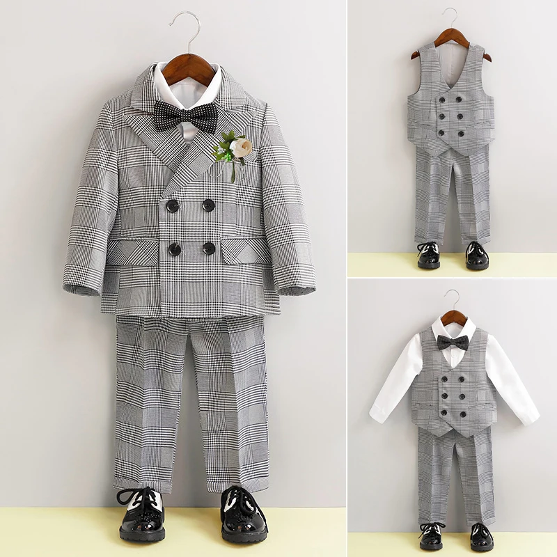 

Boys Suits for Weddings Gentleman Plaid Double-breasted Formal Birthday Tuxedo 2 To 12 Years Children Piano Performance Costume