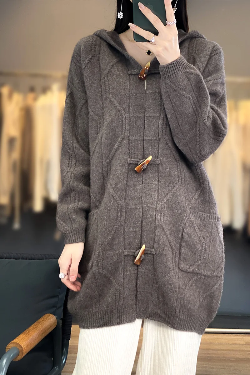 Women's Merino Wool Hooded Cardigan, 100% Merino Wool, Autumn and Winter Sweater, New Buckle Cable, Thickened, Official